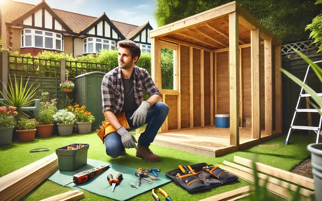 man with self build garden room kit