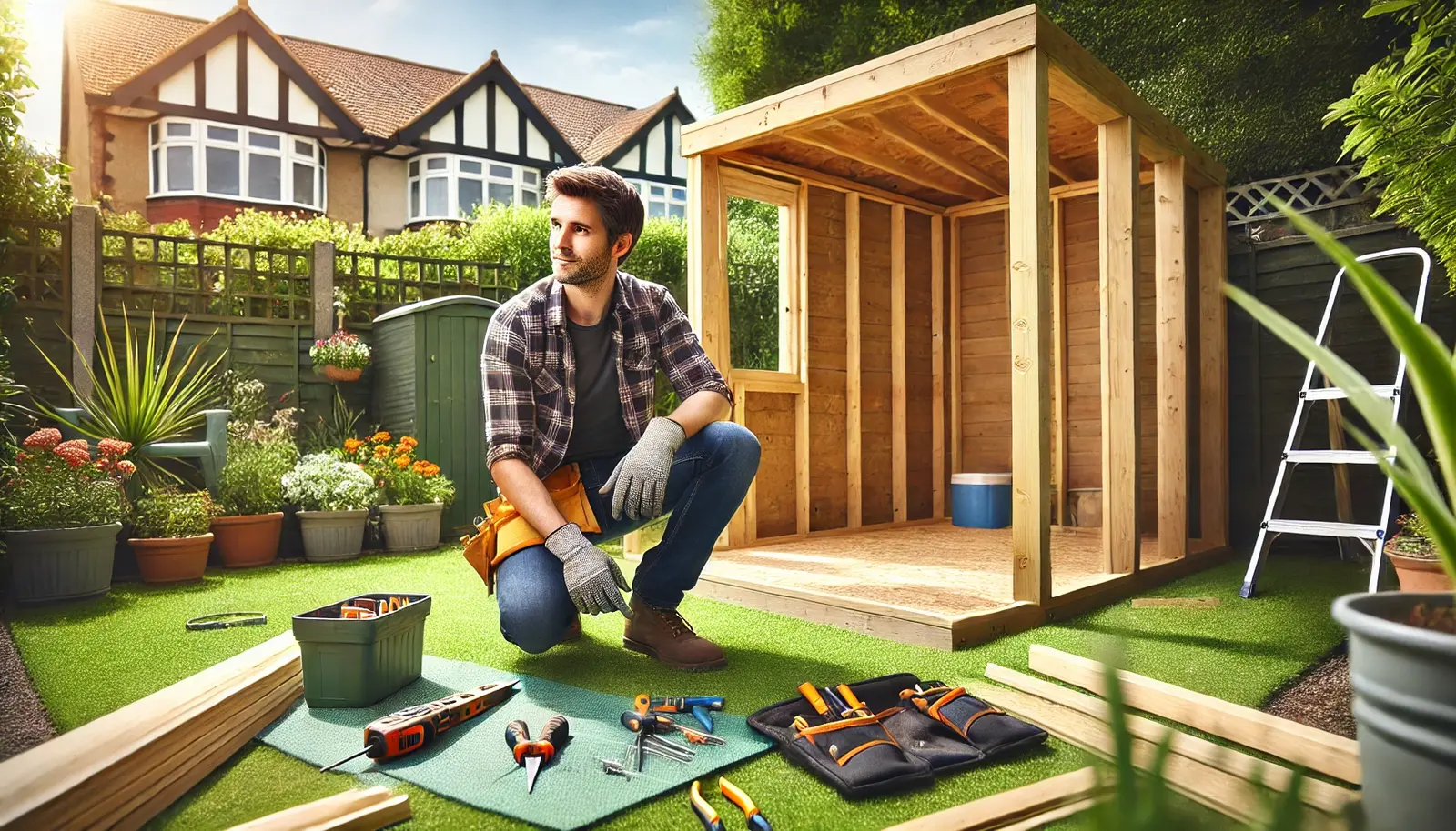 man with self build garden room kit